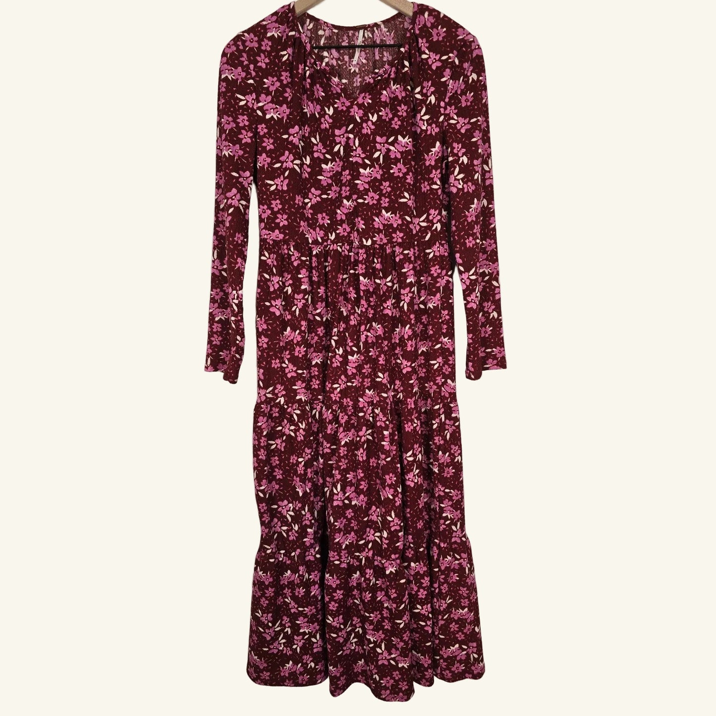 Red Pink Floral Tiered Midi Long Sleeve Dress Size M