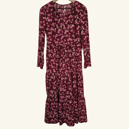 Red Pink Floral Tiered Midi Long Sleeve Dress Size M