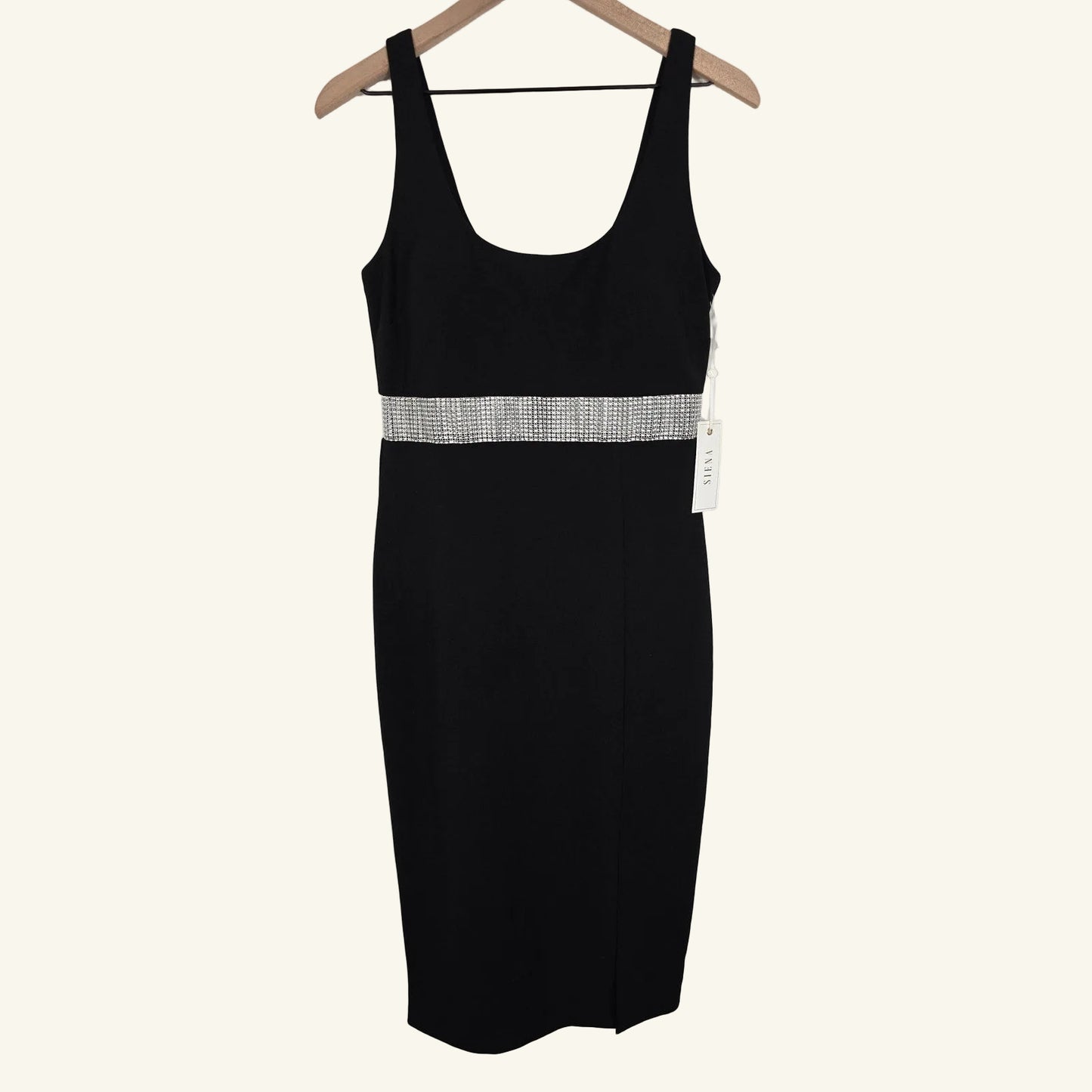 Black Midi Dress Rhinestone Waist Scuba Crepe Sleeveless Size 8