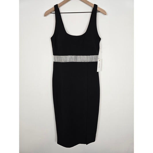 Black Midi Dress Rhinestone Waist Scuba Crepe Sleeveless Size 8