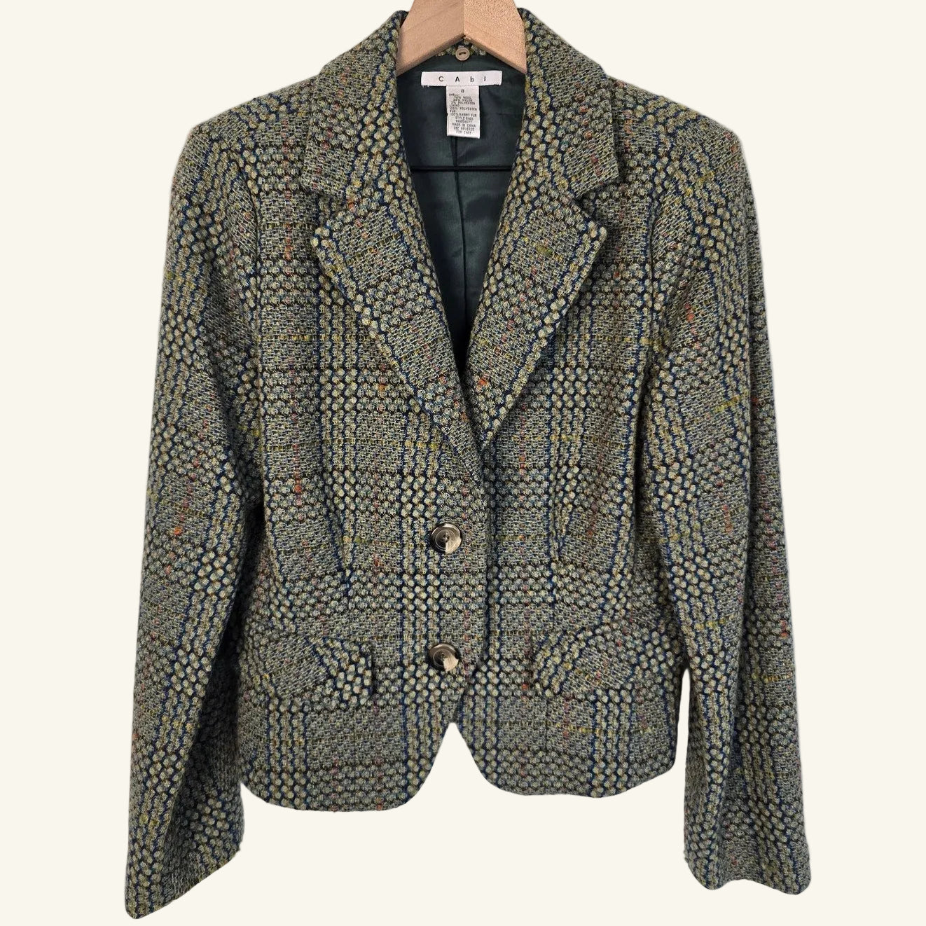 Green Blue Wool Plaid Cropped Blazer Jacket Size 8