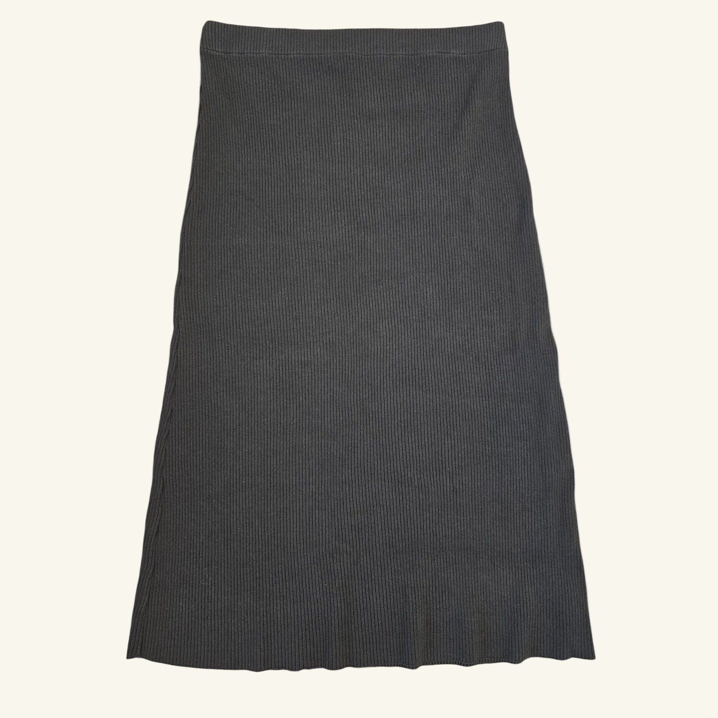 Black Ribbed Knit Midi Skirt Pull-On Stretch Size L