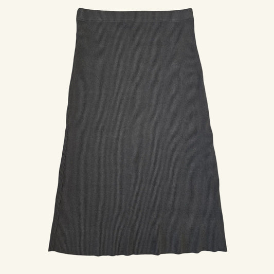 Black Ribbed Knit Midi Skirt Pull-On Stretch Size L