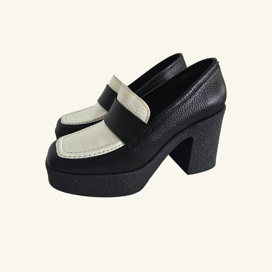 Black & White Leather Platform Loafers Heels Size 37 | 6.5