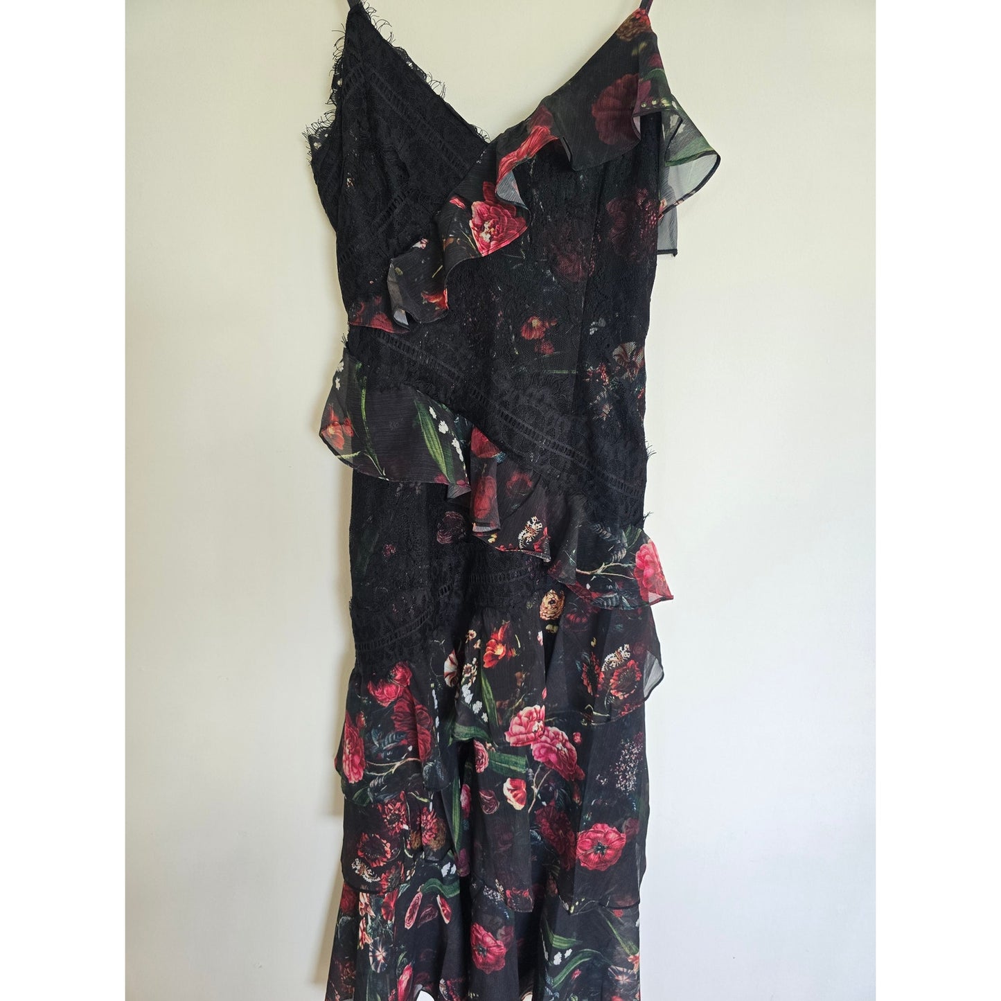 Black Floral Lace Tiered Ruffle Midi Dress Size L NWT Size L