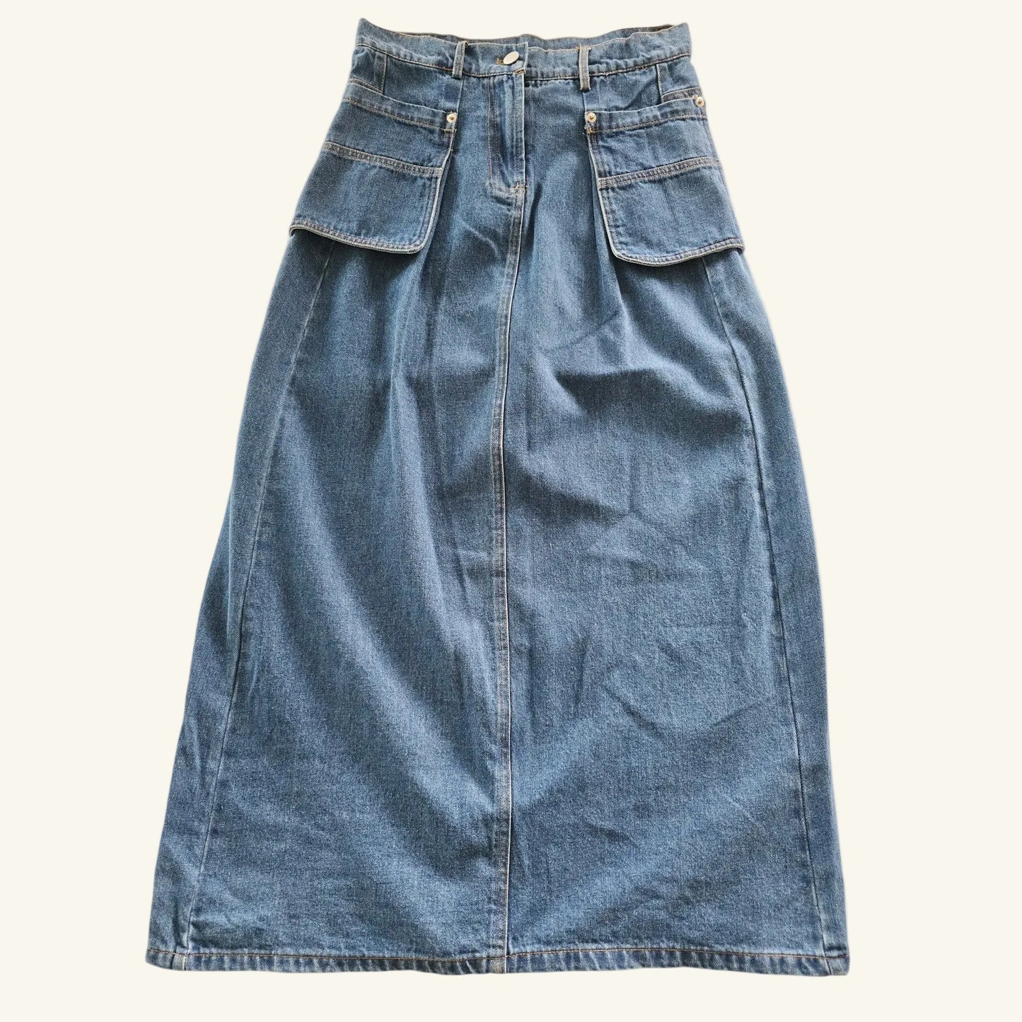 Blue Denim Midi Skirt High Waist Utility Pockets Size S NWT
