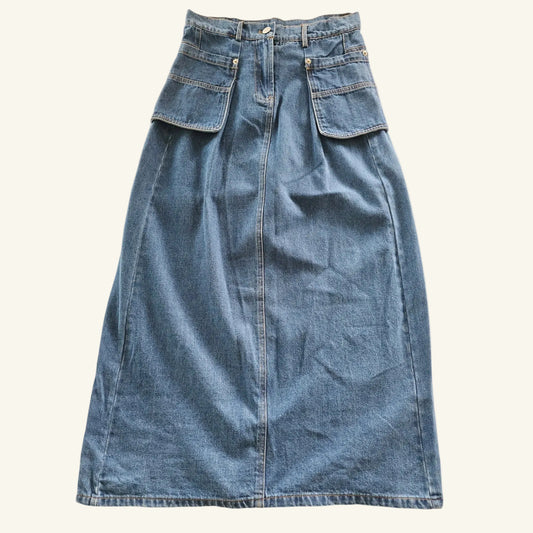 Blue Denim Midi Skirt High Waist Utility Pockets Size S NWT
