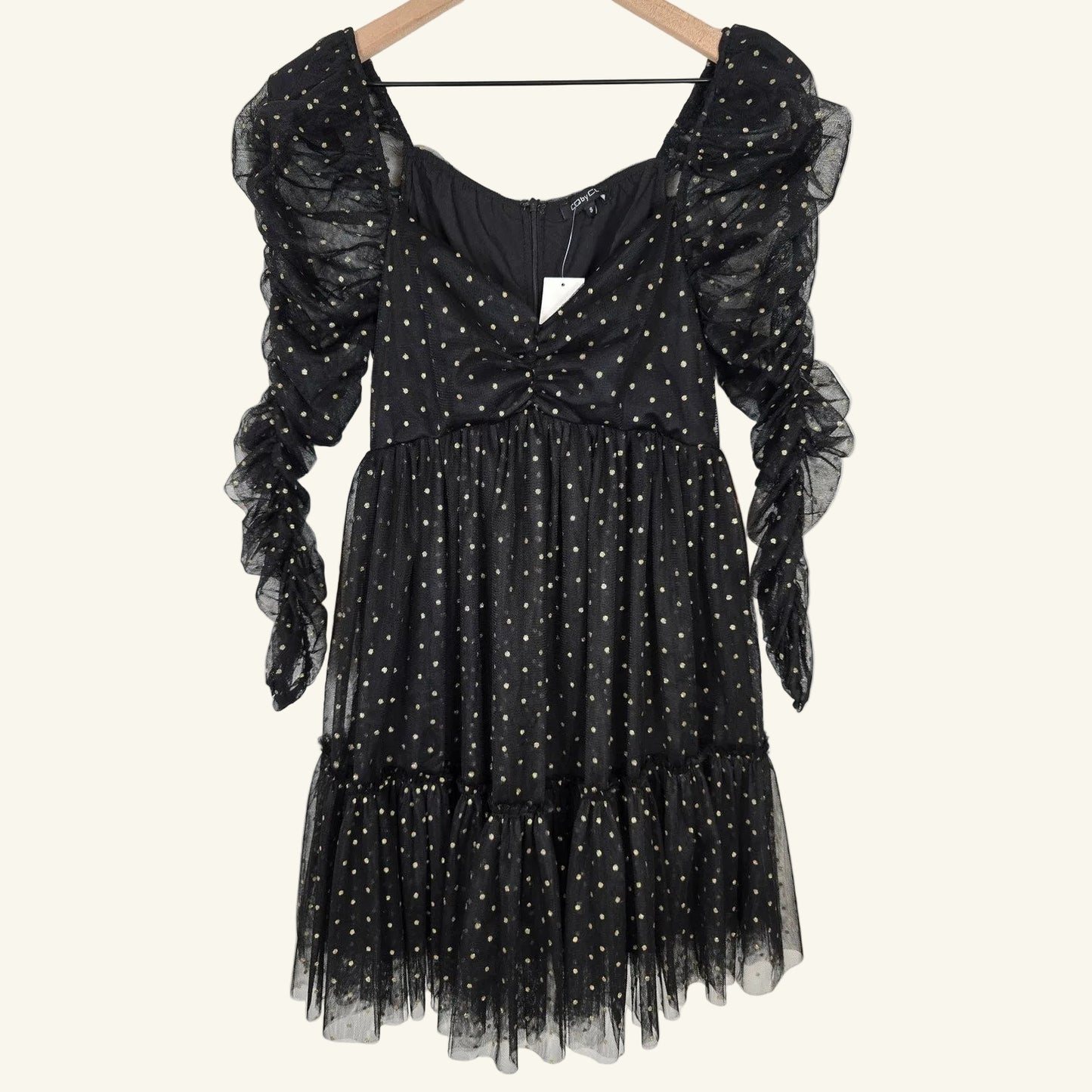 Black Gold Polka Dot Tulle Mini Party Dress Size Small NWT