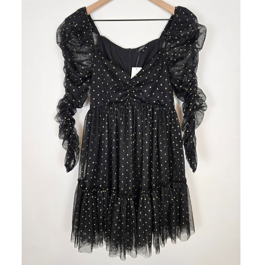 Black Gold Polka Dot Tulle Mini Party Dress Size Small NWT