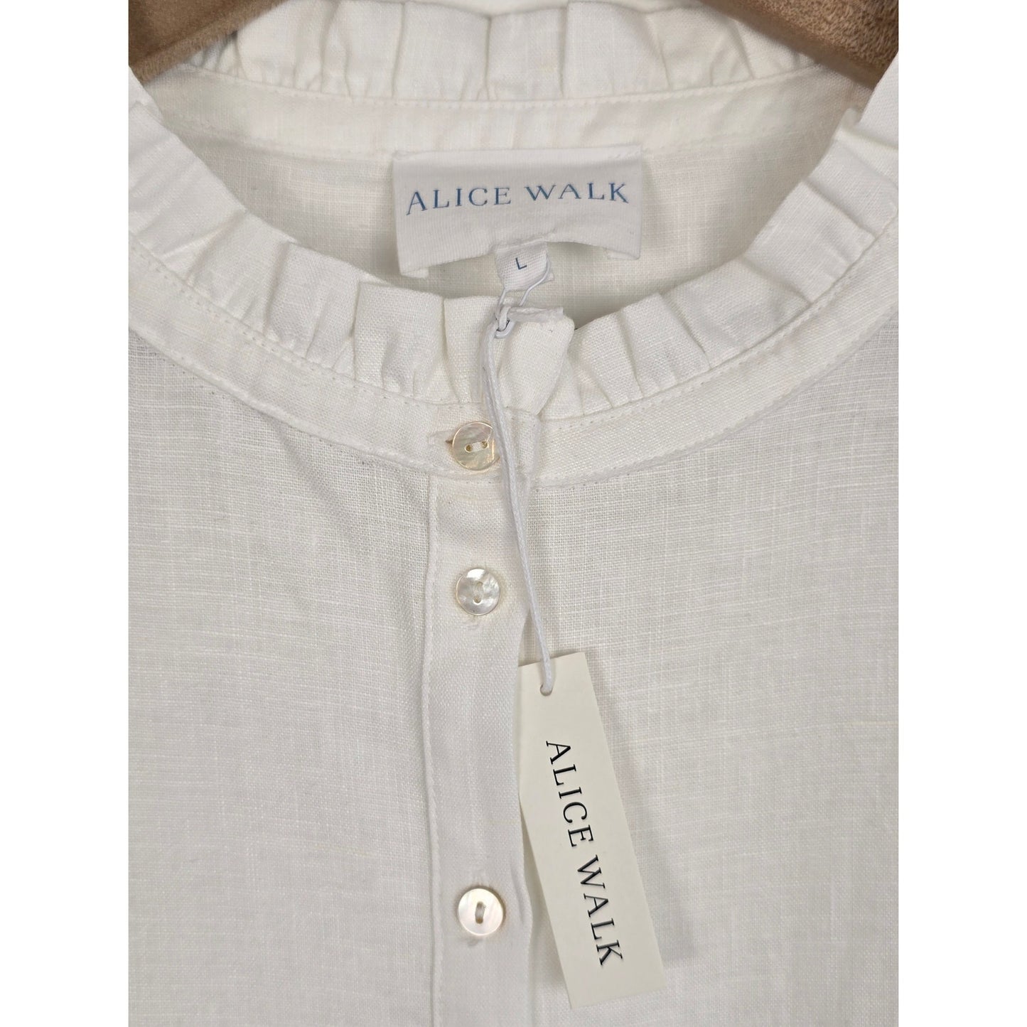 White Linen Tiered Maxi Dress Band Collar Size L
