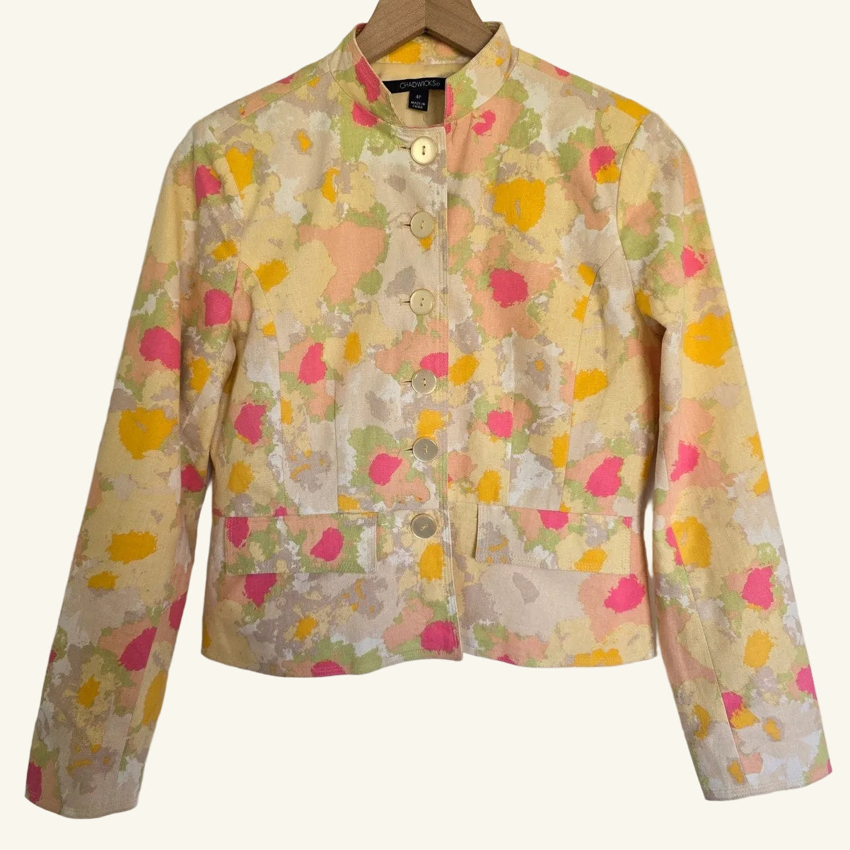 Yellow Floral Linen Blend Cropped Jacket Size 4P