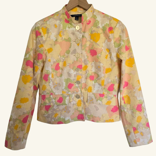 Yellow Floral Linen Blend Cropped Jacket Size 4P