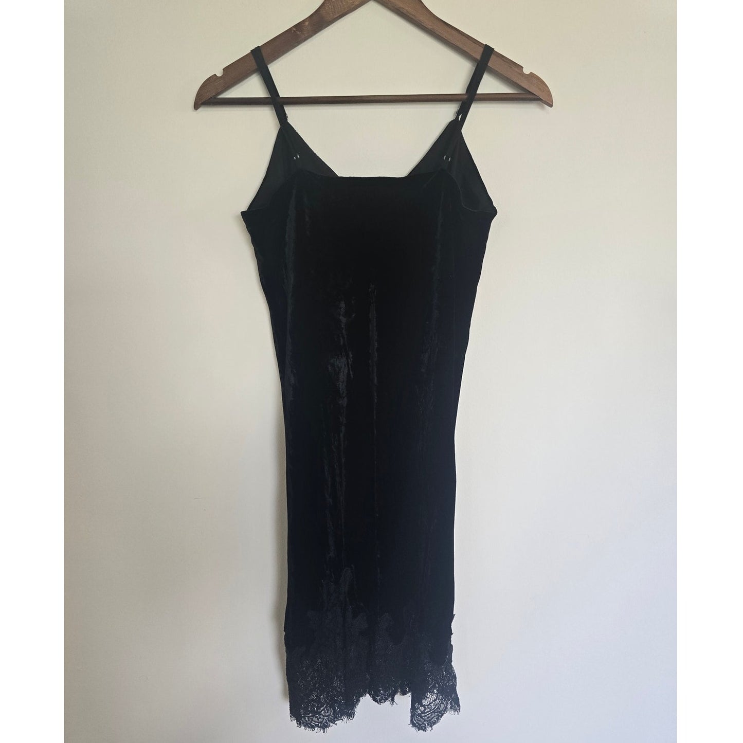 Black Velvet Lace Trim Slip Dress Silk Blend Size M