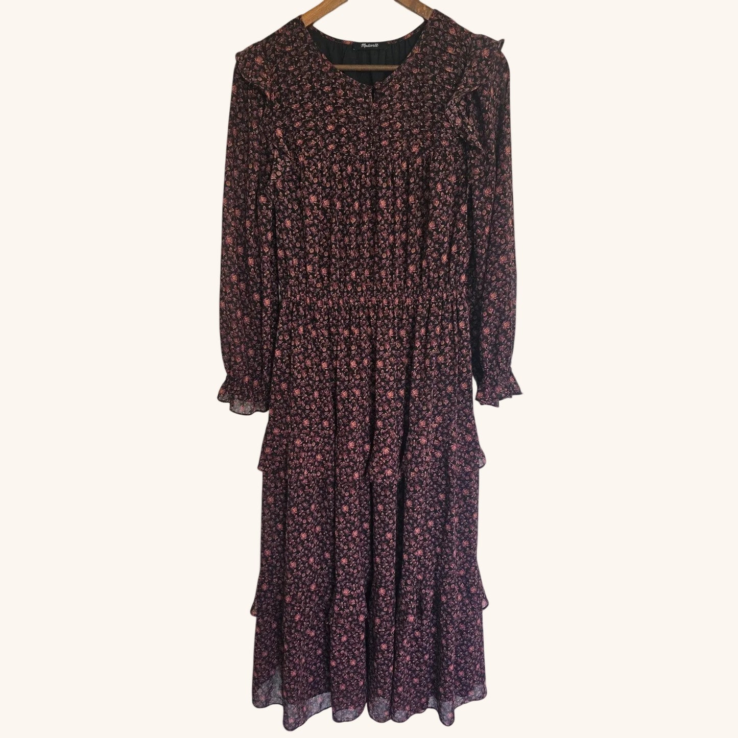 Dark Orchard Floral Tiered Ruffle Midi Dress Size M