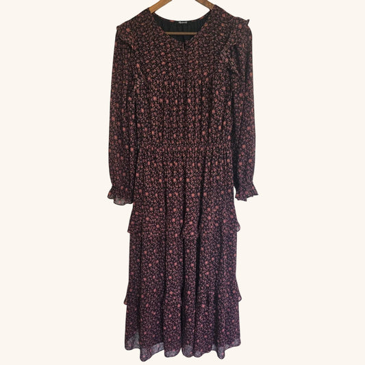 Dark Orchard Floral Tiered Ruffle Midi Dress Size M