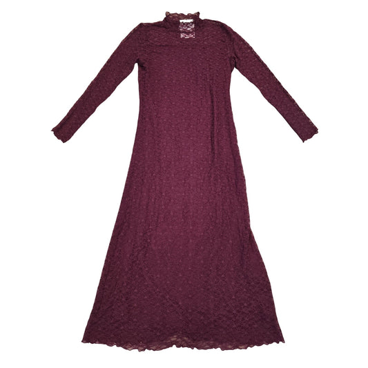 Burgundy Lace Maxi Dress Mock Neck Lettuce Hem Long Sleeve Size L