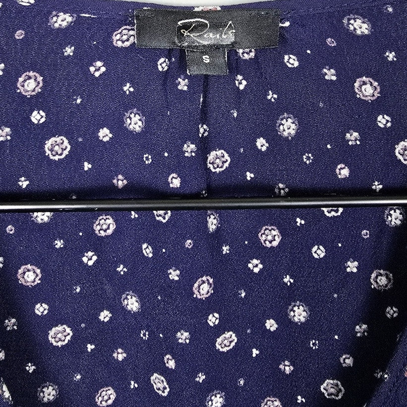Navy Blue Floral Button Down Blouse Drawstring Waist Size S