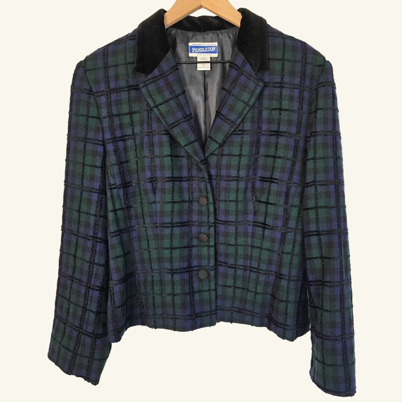 Vintage Blue Green Plaid Wool Blazer Jacket Size 12
