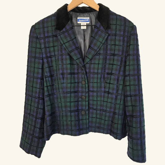 Vintage Blue Green Plaid Wool Blazer Jacket Size 12