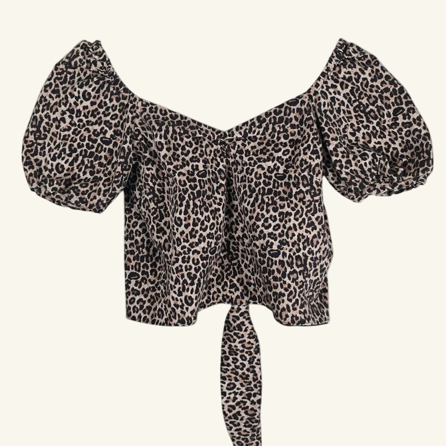 Leopard Puff Sleeve Open Back Crop Top Size XS