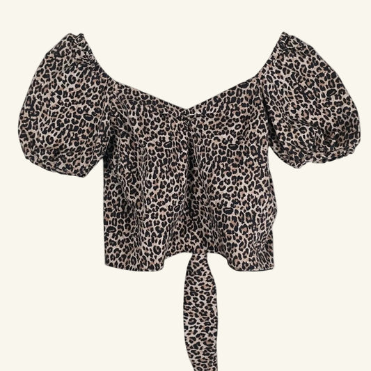 Leopard Puff Sleeve Open Back Crop Top Size XS