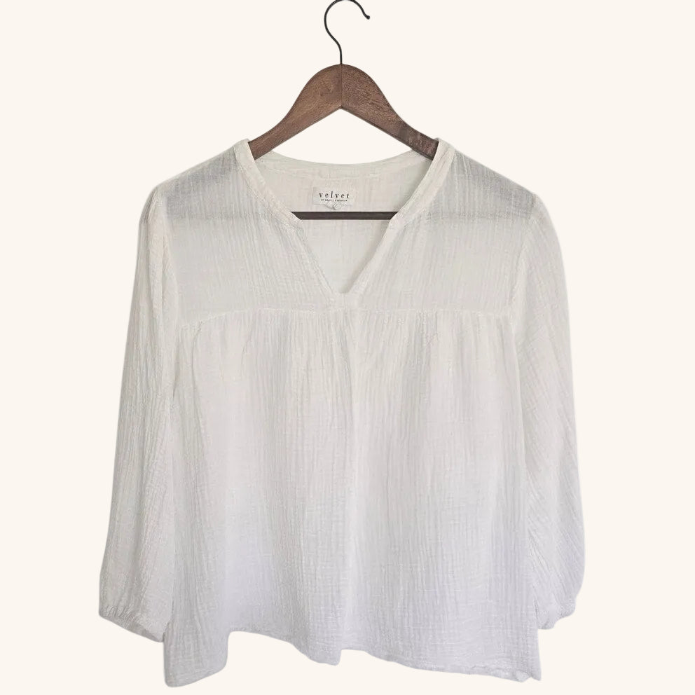 White Cotton Gauze V-Neck Blouse Size M