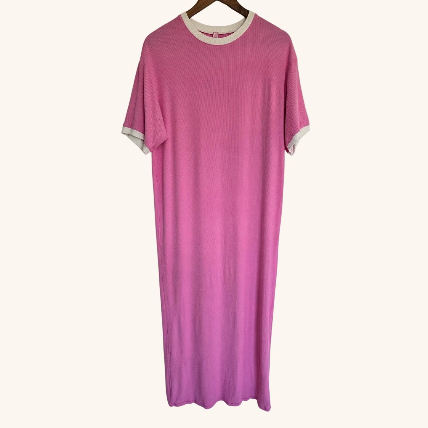 Pink White Soft Lounge Ringer T-Shirt Maxi Dress Size L