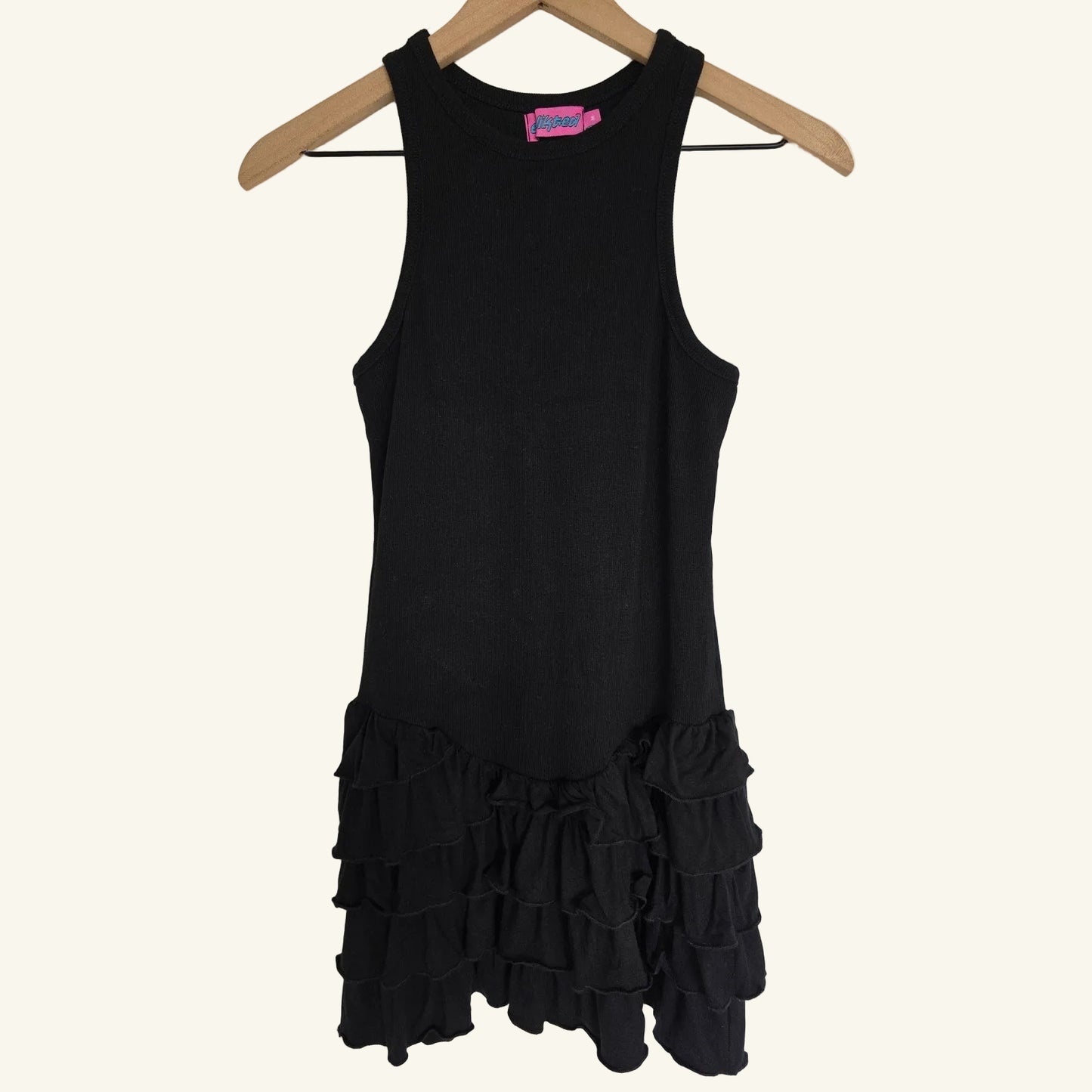 Black Ribbed Ruffle Hem Mini Dress Size M