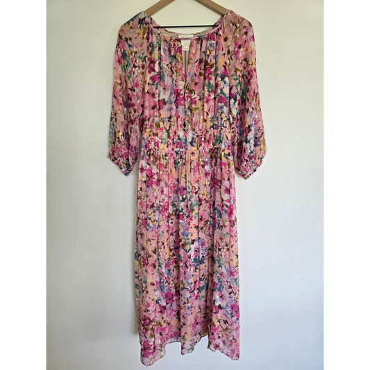 Pink Silk Floral Midi Dress Ruched Size 8
