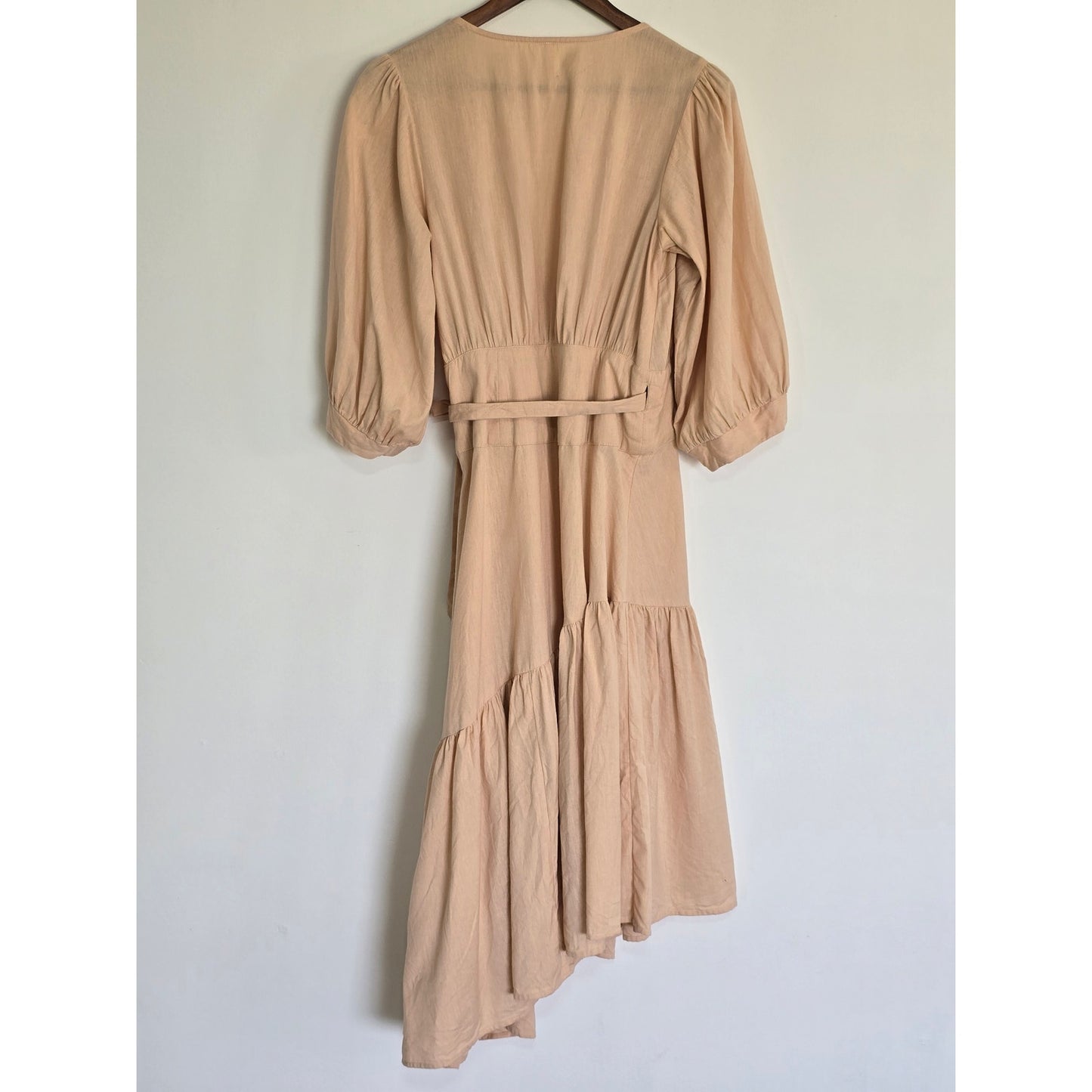 Peach Cotton Linen Blend Wrap Midi Dress Size S