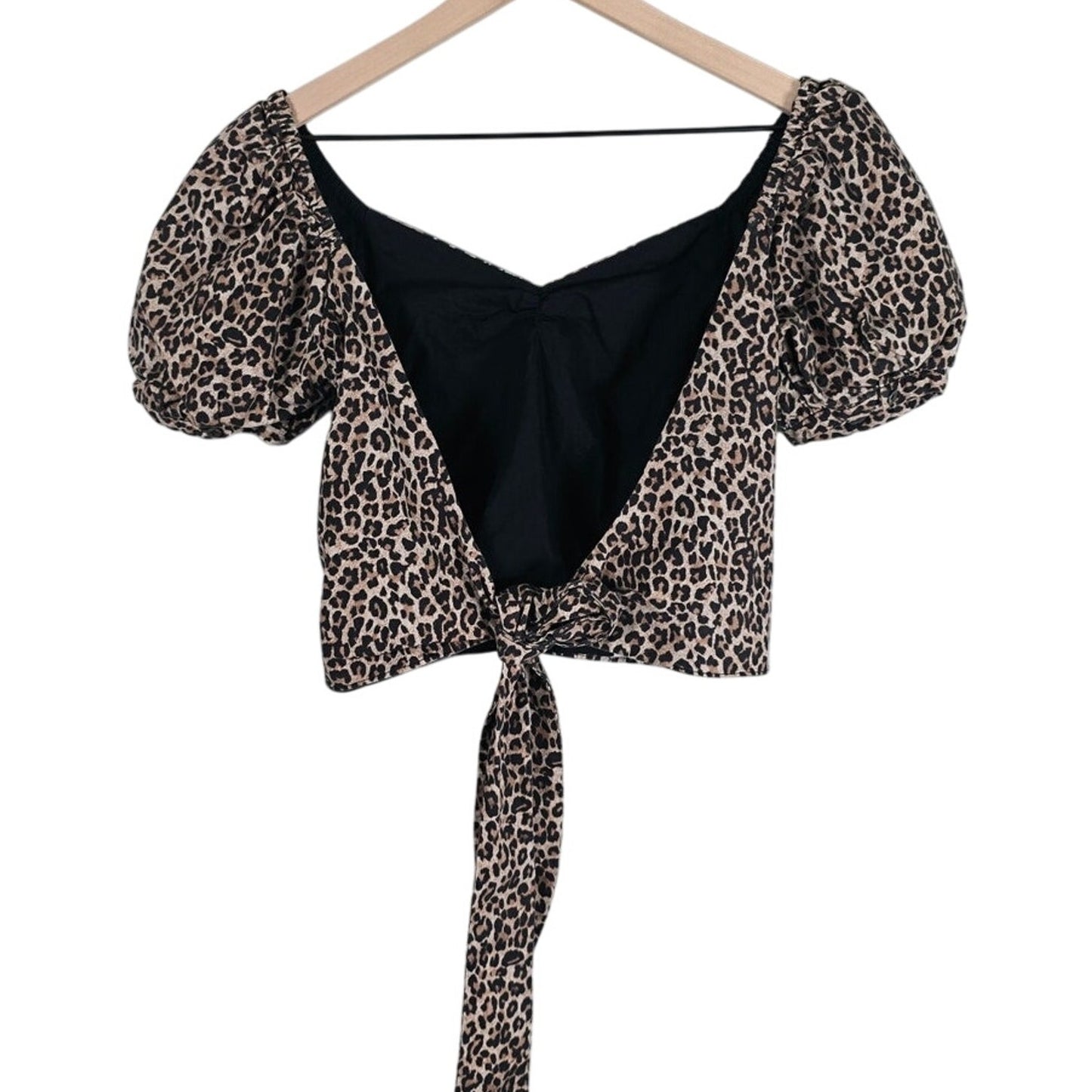 Leopard Puff Sleeve Open Back Crop Top Size M