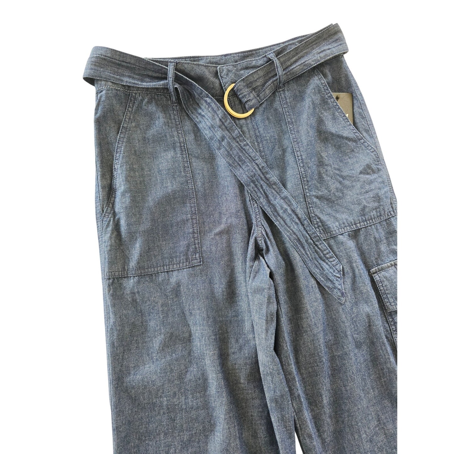 Blue Wide Leg Belted High Rise Denim Cargo Pants Size 8 NWT