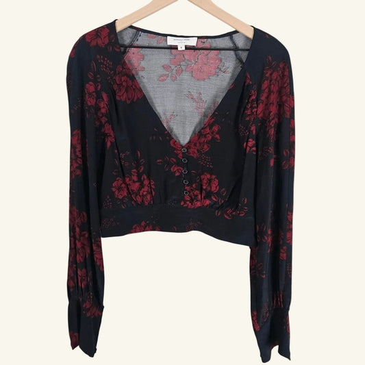 Navy Red Floral V-Neck Cropped Blouse Size 4