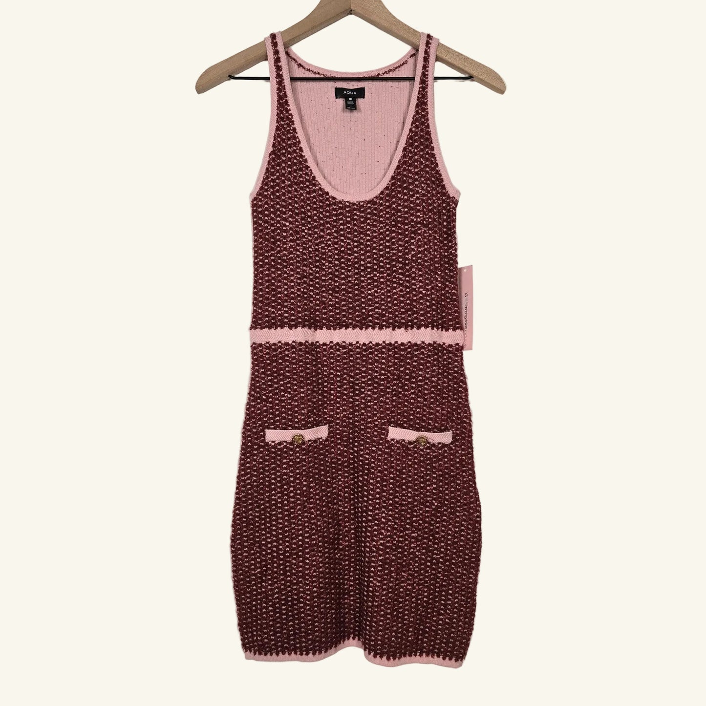 Red Pink Bouclé Knit Tweed Mini Dress Sleeveless Size S