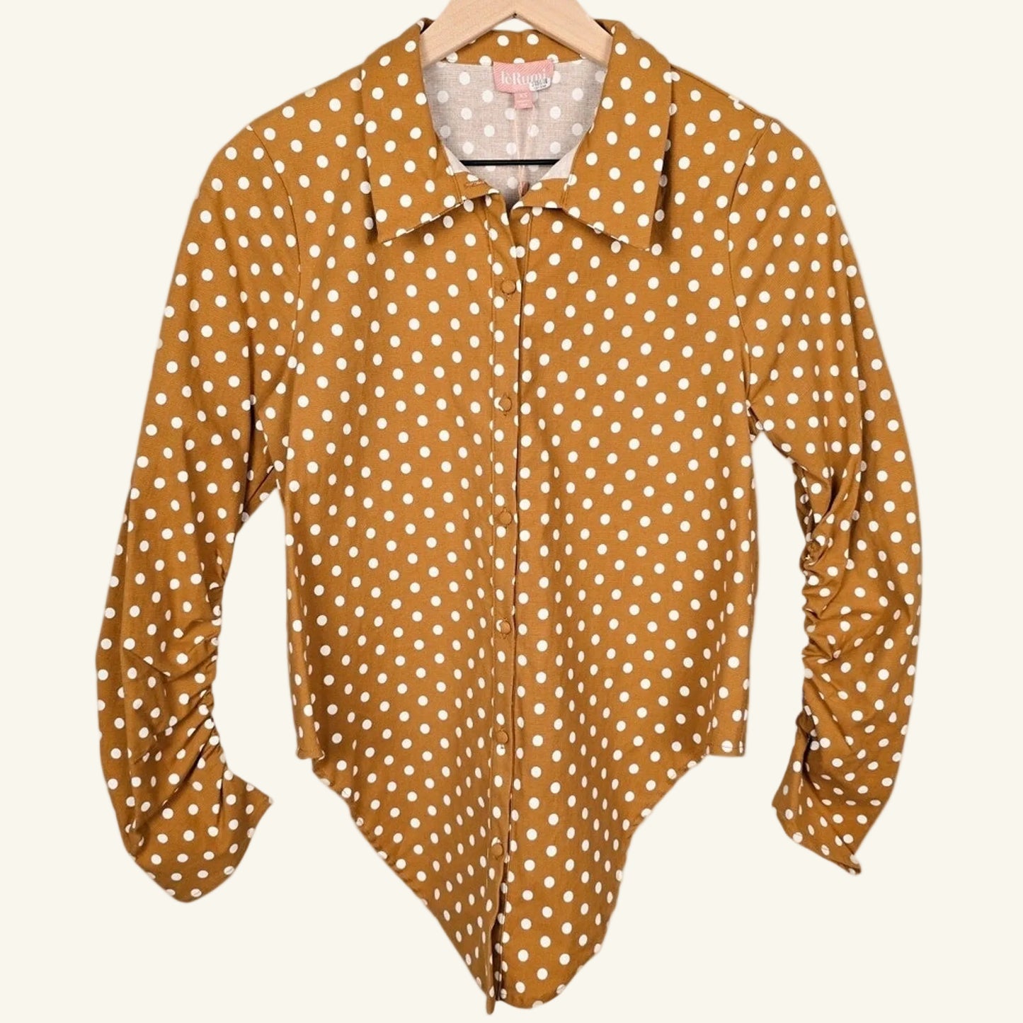 Mustard Polka Dot Cropped Blouse w/ Front Tie Top Size S