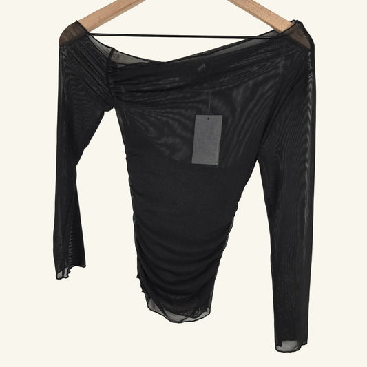 Black Sheer Mesh Asymmetrical One Shoulder Ruched Top Size XS