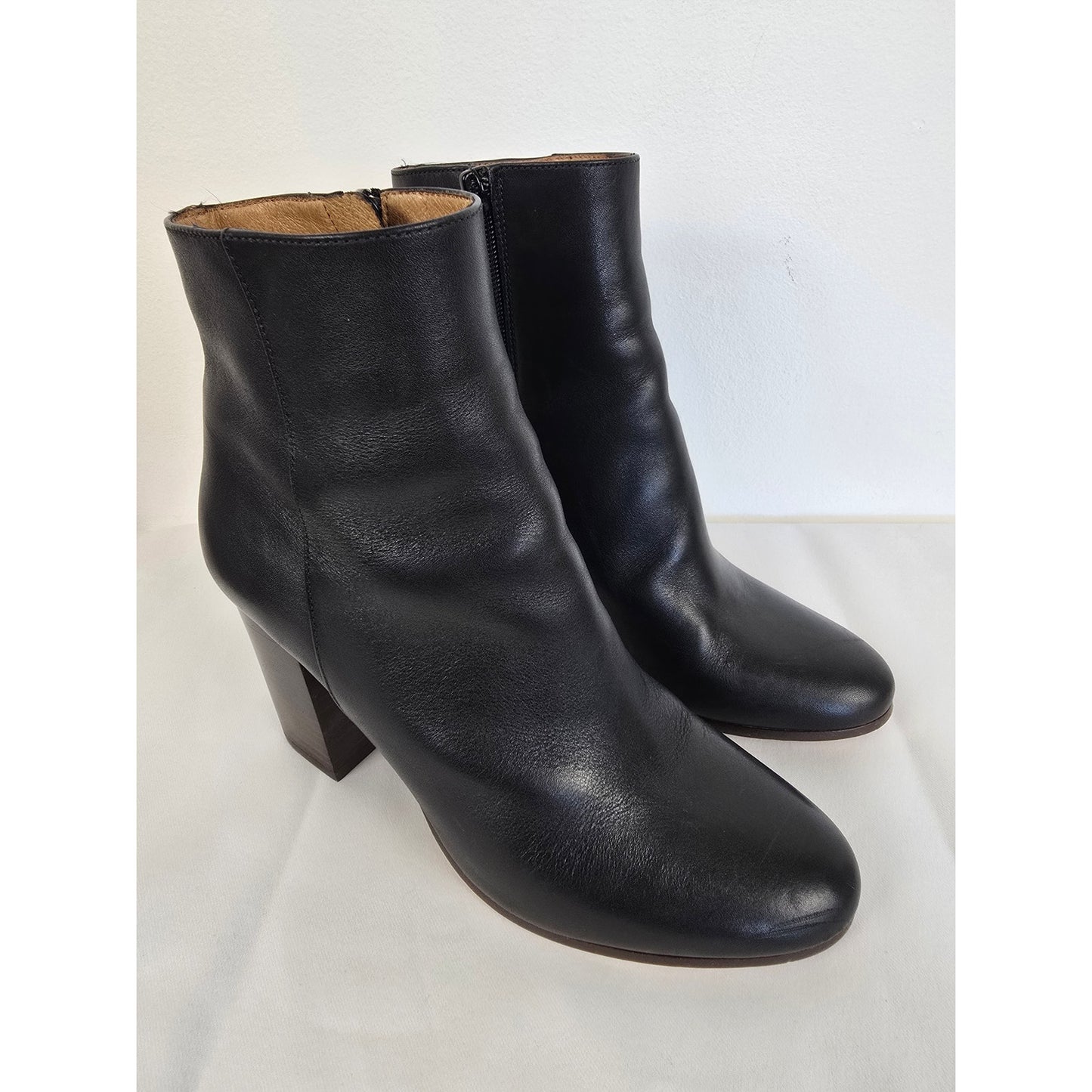 Black Leather Ankle Booties Block Heel Size 36 US 6