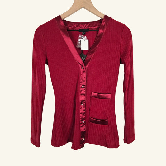 Red Satin Trim Ribbed Cardigan Size XS NWT