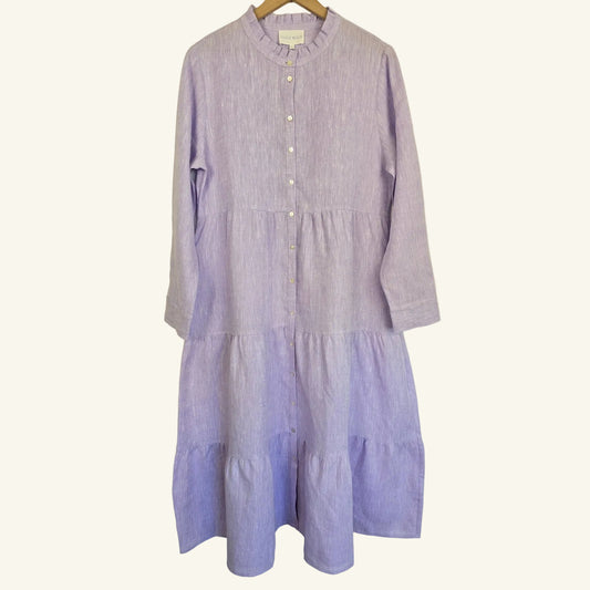 Lavender Purple Linen Midi Dress Band Collar Size L