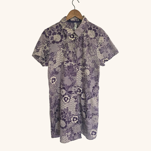 Purple Floral Shirt Dress Size M Asian Inspired Print
