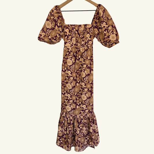 Purple Floral Puff Sleeve Midi Dress Size 2