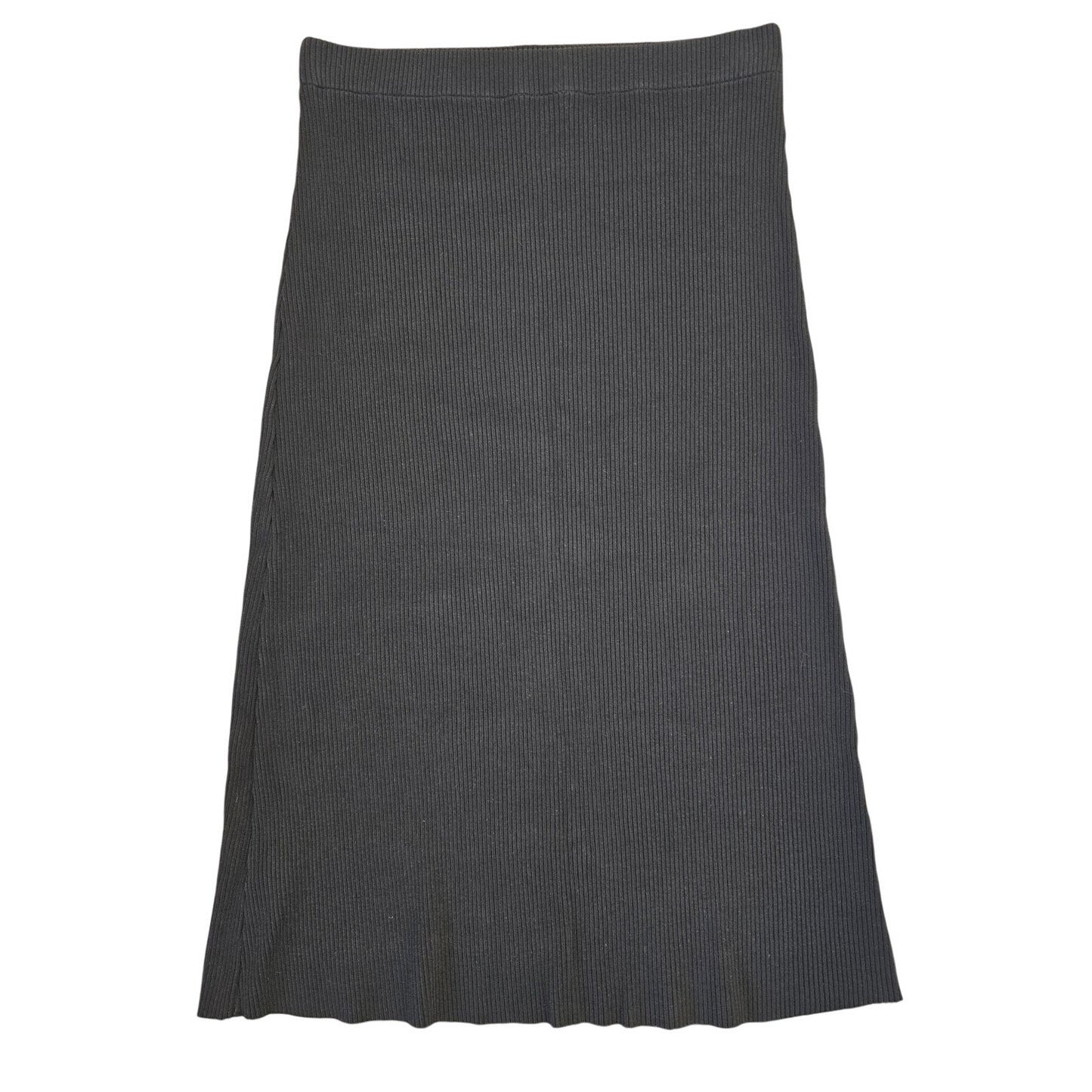Black Ribbed Knit Midi Skirt Pull-On Stretch Size L