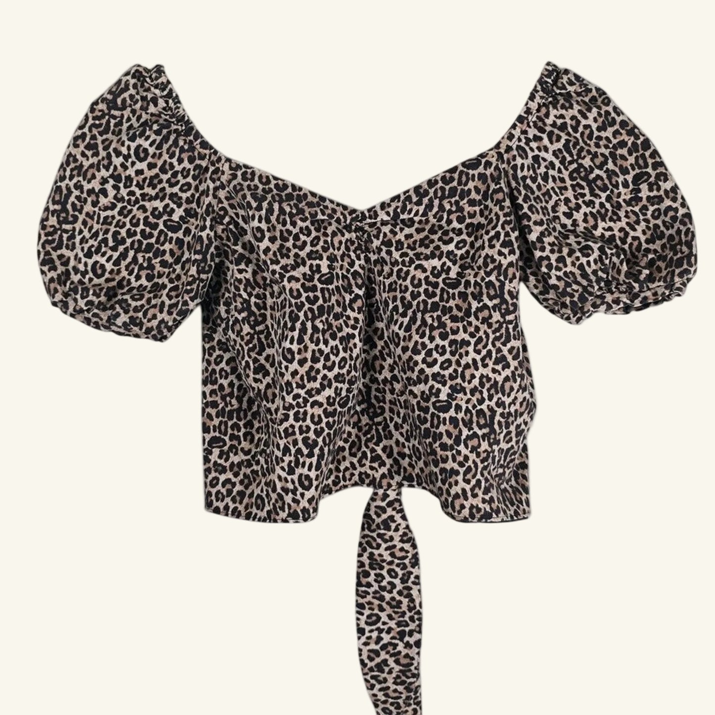 Leopard Puff Sleeve Open Back Crop Top Size M