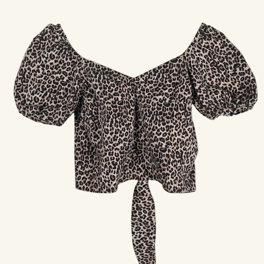 Leopard Puff Sleeve Open Back Crop Top Size M
