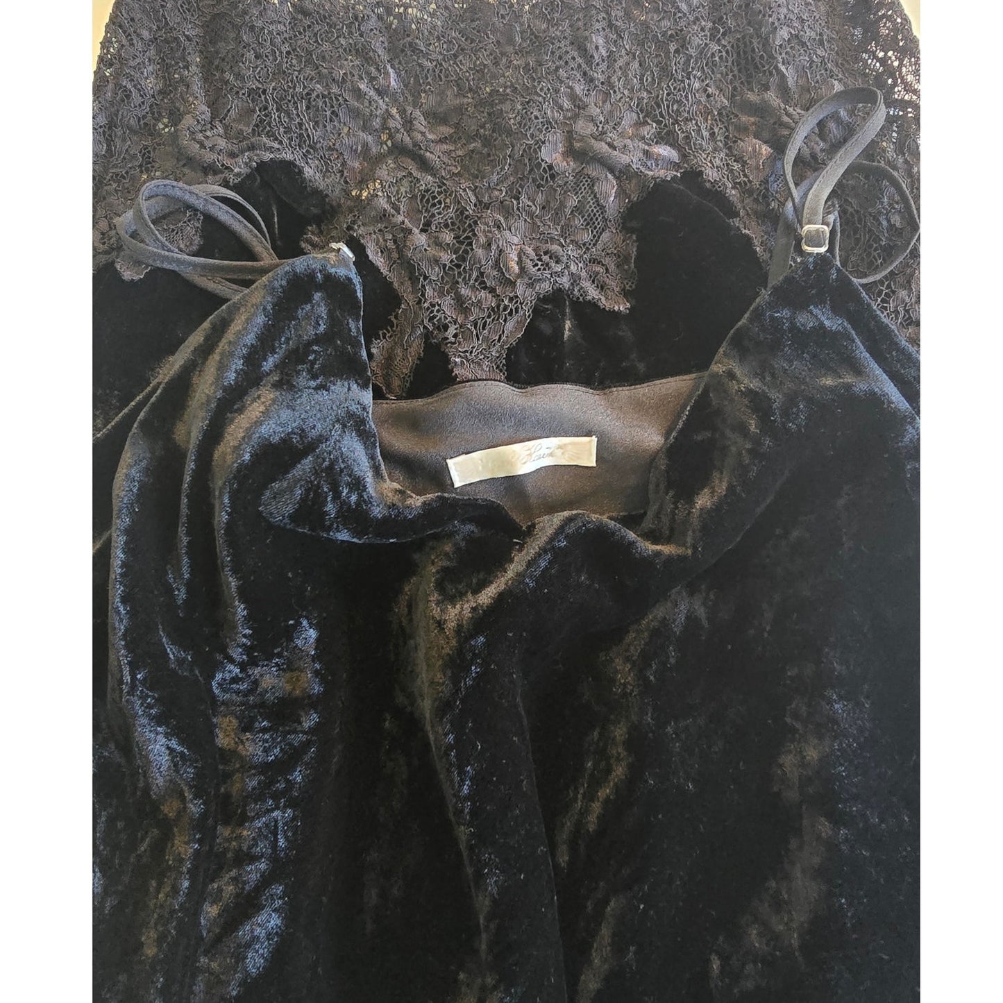 Black Velvet Lace Trim Slip Dress Silk Blend Size M