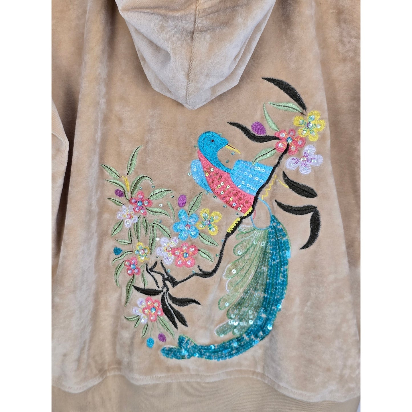 Camel Brown Floral Peacock Beaded Sequin Velour Zip Hoodie Size XL