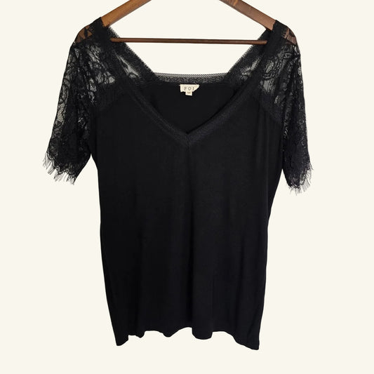 Black Lace Sleeve Deep V Neck Top Short Sleeve Size M