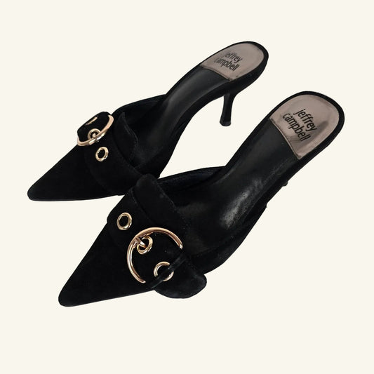 Black Suede Kitten Heel Pointed Toe Mule Buckle Size 7