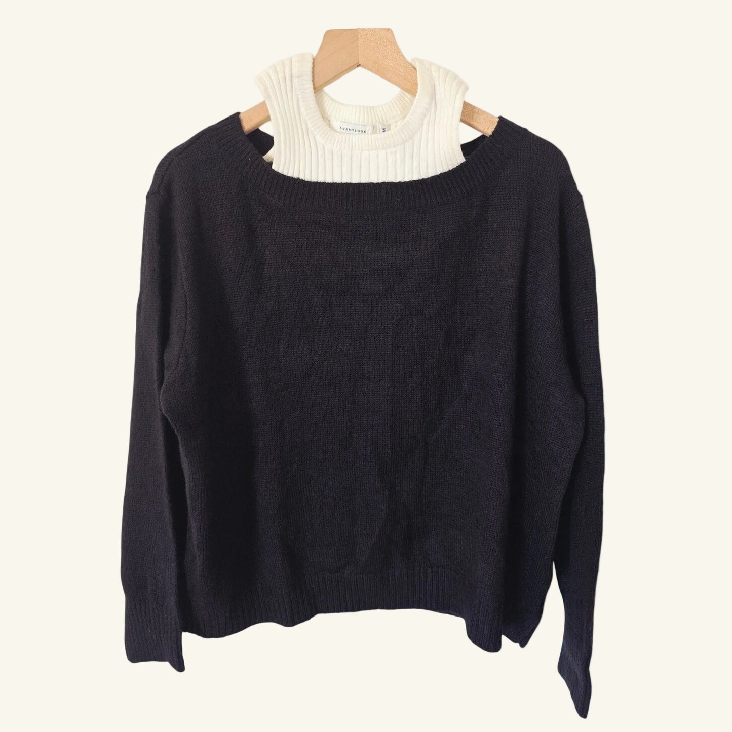 Black White Twofer Sweater Crew Neck Faux Layered Rib Knit Size M NWT