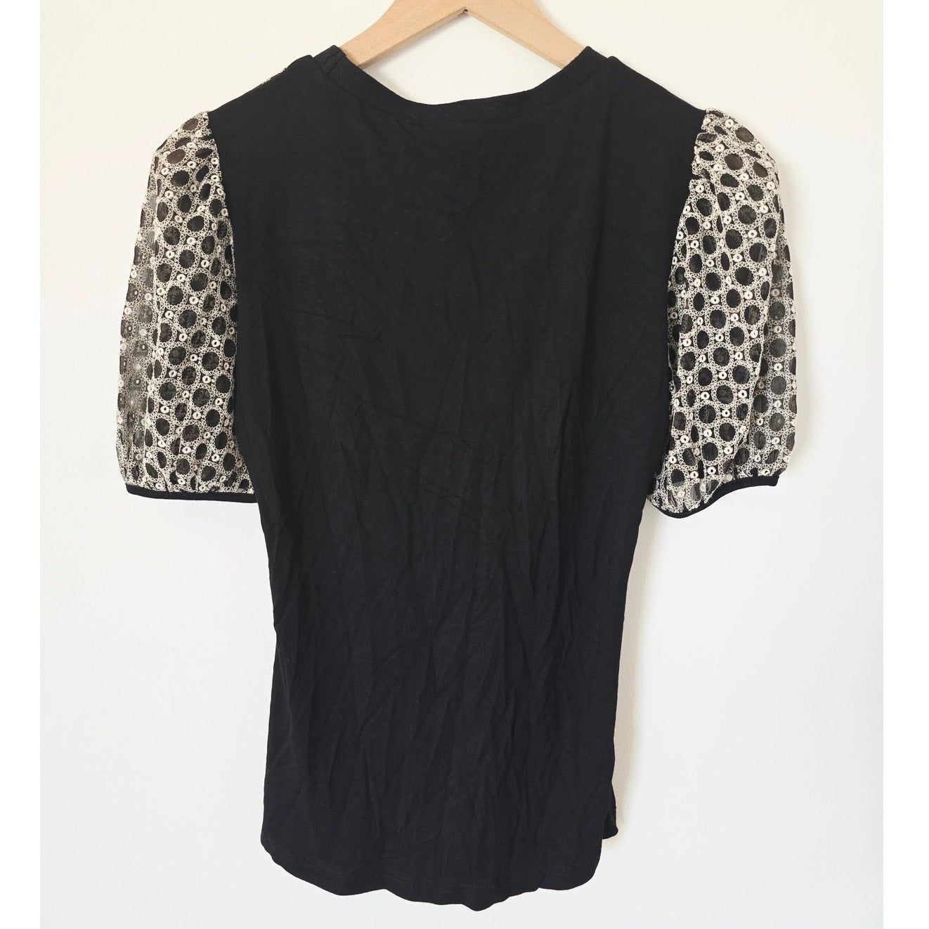Black White Puff Sleeve Embroidered Blouse Top Size S